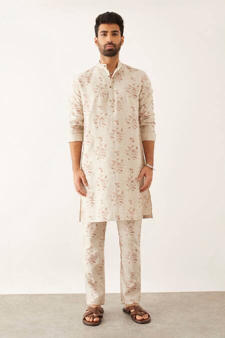 Buy_Son Of A Noble Snob_Ivory Linen Halles Catchfly Printed Kurta_Online_at_Aza_Fashions
