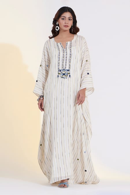 Glittire By Sakshi Verma_Ivory Rayon Lace, Pearls, Embroidery Split Placket Hand Kaftan With Slip_Online_at_Aza_Fashions