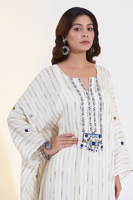 Buy_Glittire By Sakshi Verma_Ivory Rayon Lace, Pearls, Embroidery Split Placket Hand Kaftan With Slip_Online_at_Aza_Fashions