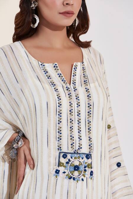 Shop_Glittire By Sakshi Verma_Ivory Rayon Lace, Pearls, Embroidery Split Placket Hand Kaftan With Slip_Online_at_Aza_Fashions