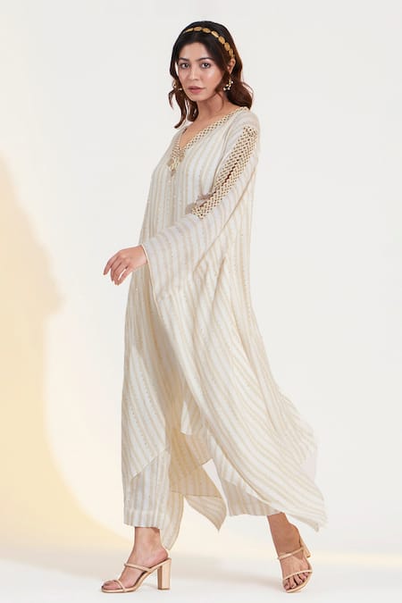 Buy_Glittire By Sakshi Verma_Ivory Rayon Sequins, Lace V-neck Hand Embroidered Kaftan And Palazzo Set_Online_at_Aza_Fashions