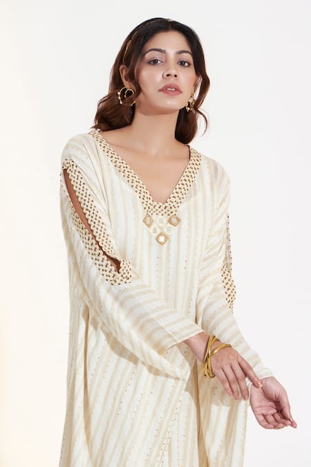 Shop_Glittire By Sakshi Verma_Ivory Rayon Sequins, Lace V-neck Hand Embroidered Kaftan And Palazzo Set_Online_at_Aza_Fashions