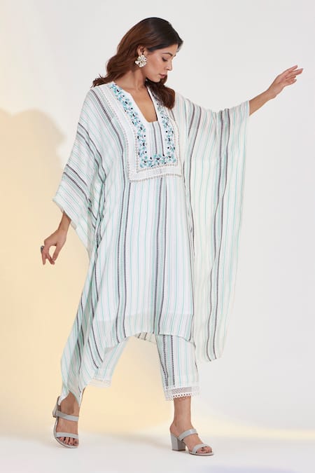 Glittire By Sakshi Verma_Ivory Rayon Embroidery Split V-neck Placket Hand Kaftan And Palazzo Set_Online_at_Aza_Fashions