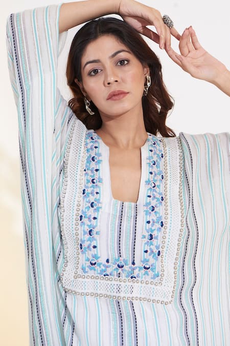 Buy_Glittire By Sakshi Verma_Ivory Rayon Embroidery Split V-neck Placket Hand Kaftan And Palazzo Set_Online_at_Aza_Fashions