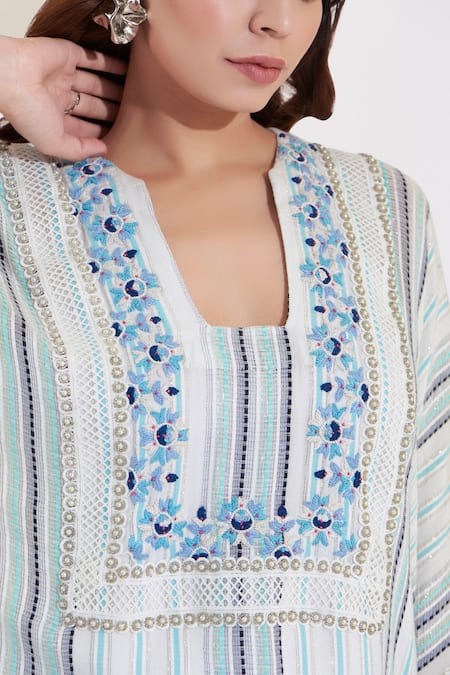 Shop_Glittire By Sakshi Verma_Ivory Rayon Embroidery Split V-neck Placket Hand Kaftan And Palazzo Set_Online_at_Aza_Fashions