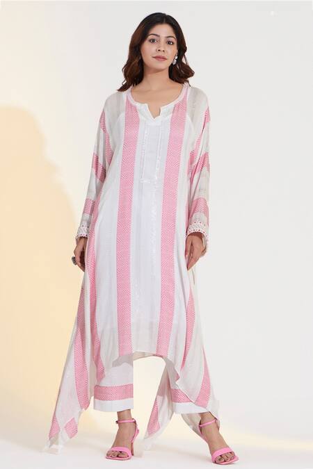 Glittire By Sakshi Verma_Ivory Rayon, Cotton, Linen Lace, Pearls Hand Embroidered Kaftan And Palazzo Set_Online_at_Aza_Fashions