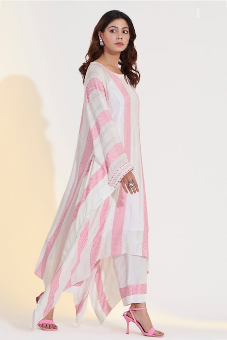 Buy_Glittire By Sakshi Verma_Ivory Rayon, Cotton, Linen Lace, Pearls Hand Embroidered Kaftan And Palazzo Set_Online_at_Aza_Fashions