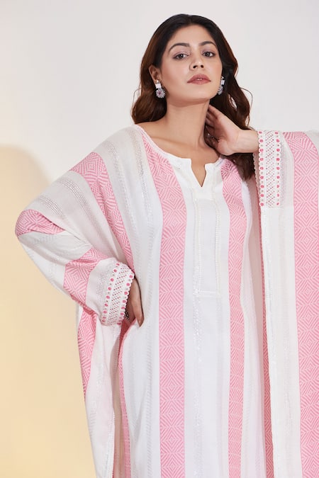 Shop_Glittire By Sakshi Verma_Ivory Rayon, Cotton, Linen Lace, Pearls Hand Embroidered Kaftan And Palazzo Set_Online_at_Aza_Fashions