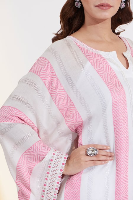 Glittire By Sakshi Verma_Ivory Rayon, Cotton, Linen Lace, Pearls Hand Embroidered Kaftan And Palazzo Set_at_Aza_Fashions