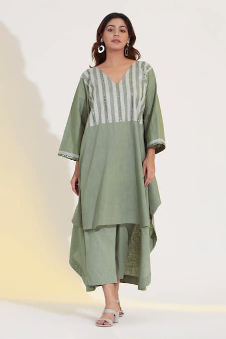 Buy_Glittire By Sakshi Verma_Green Cotton Linen Embroidered Yoke High-low Kurta And Palazzo Set _Online_at_Aza_Fashions