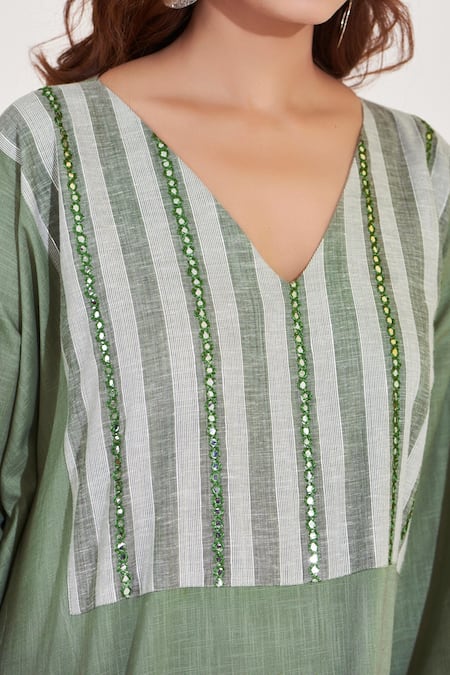 Shop_Glittire By Sakshi Verma_Green Cotton Linen Embroidered Yoke High-low Kurta And Palazzo Set _Online_at_Aza_Fashions