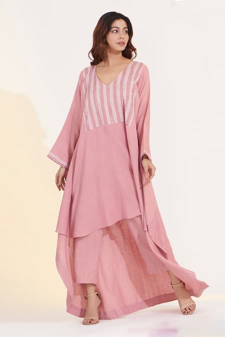 Buy_Glittire By Sakshi Verma_Green Cotton, Linen Embroidery V-neck Yoke Kurta And Palazzo Set_Online_at_Aza_Fashions