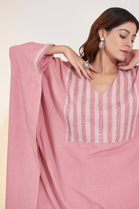 Shop_Glittire By Sakshi Verma_Green Cotton, Linen Embroidery V-neck Yoke Kurta And Palazzo Set_Online_at_Aza_Fashions