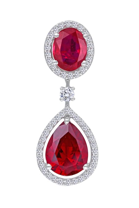 Shop DIOSA PARIS JEWELLERY Red Crystals, Stones Swarovski Zirconia Geometric Embellished Earrings at Aza Fashions Shop_DIOSA PARIS JEWELLERY_Red Crystals, Stones Swarovski Zirconia Geometric Embellished Earrings _at_Aza_Fashions