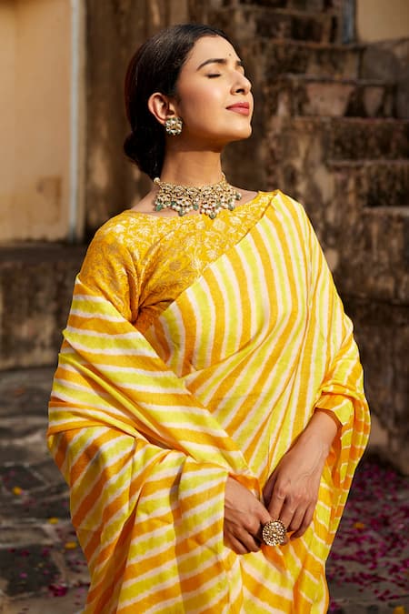 Buy_Geroo Jaipur_Yellow Silk, Brocade Tussar Leheriya Saree With Unstitched Blouse Fabric _Online_at_Aza_Fashions