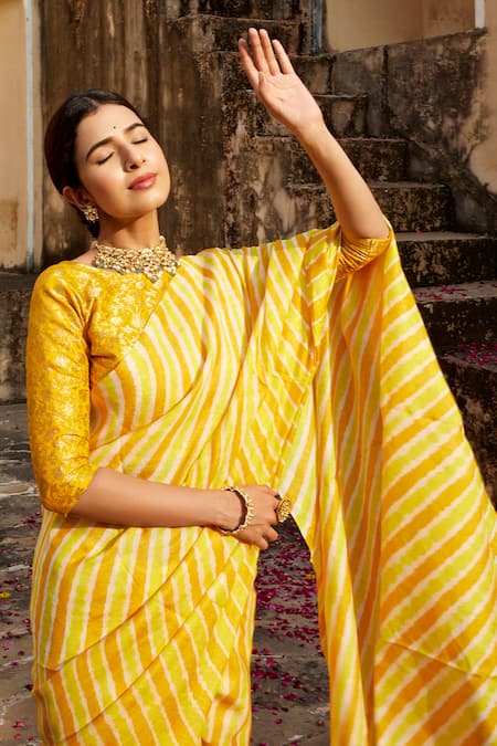 Shop_Geroo Jaipur_Yellow Silk, Brocade Tussar Leheriya Saree With Unstitched Blouse Fabric _Online_at_Aza_Fashions