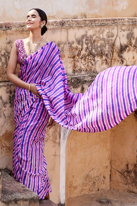 Geroo Jaipur_Purple Silk Embroidery Leheriya Dyed Saree With Unstitched Blouse Fabric _Online_at_Aza_Fashions