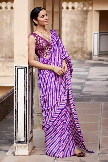 Buy_Geroo Jaipur_Purple Silk Embroidery Leheriya Dyed Saree With Unstitched Blouse Fabric _Online_at_Aza_Fashions