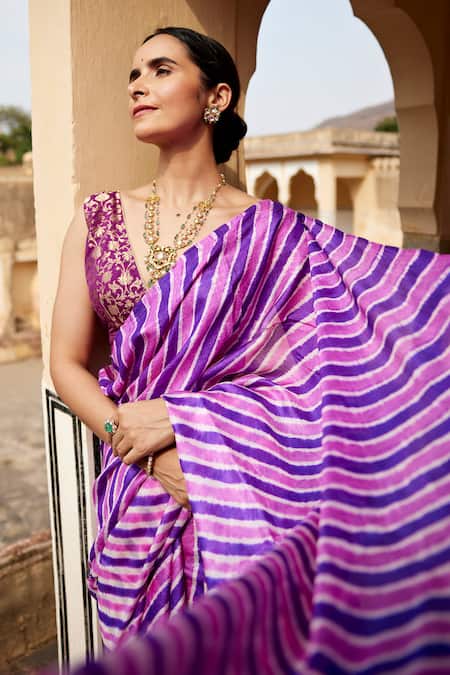 Shop_Geroo Jaipur_Purple Silk Embroidery Leheriya Dyed Saree With Unstitched Blouse Fabric _Online_at_Aza_Fashions