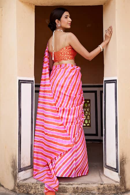 Shop Geroo Jaipur Pink Silk, Brocade Leheriya Pattern Saree With Unstitched Blouse Fabric at Aza Fashions Shop_Geroo Jaipur_Pink Silk, Brocade Leheriya Pattern Saree With Unstitched Blouse Fabric _at_Aza_Fashions