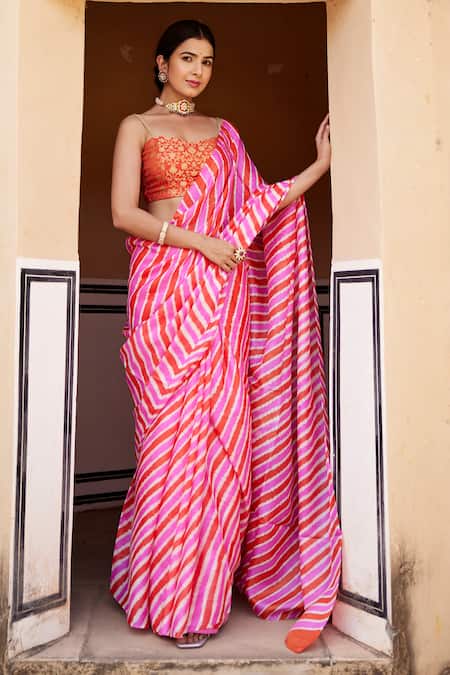 Geroo Jaipur Pink Silk, Brocade Leheriya Pattern Saree With Unstitched Blouse Fabric Online at Aza Fashions Geroo Jaipur_Pink Silk, Brocade Leheriya Pattern Saree With Unstitched Blouse Fabric _Online_at_Aza_Fashions