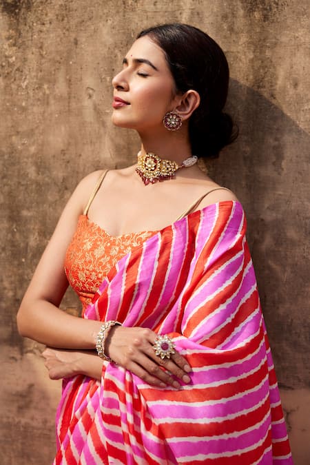 Buy Geroo Jaipur Pink Silk, Brocade Leheriya Pattern Saree With Unstitched Blouse Fabric Online at Aza Fashions Buy_Geroo Jaipur_Pink Silk, Brocade Leheriya Pattern Saree With Unstitched Blouse Fabric _Online_at_Aza_Fashions
