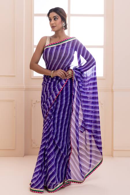 Geroo Jaipur_Purple Georgette Leheriya Saree With Unstitched Blouse Fabric_Online_at_Aza_Fashions
