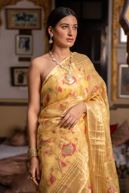 Buy_Geroo Jaipur_Yellow Kota Doria Floral Zari Woven Saree With Unstitched Blouse Fabric _Online_at_Aza_Fashions