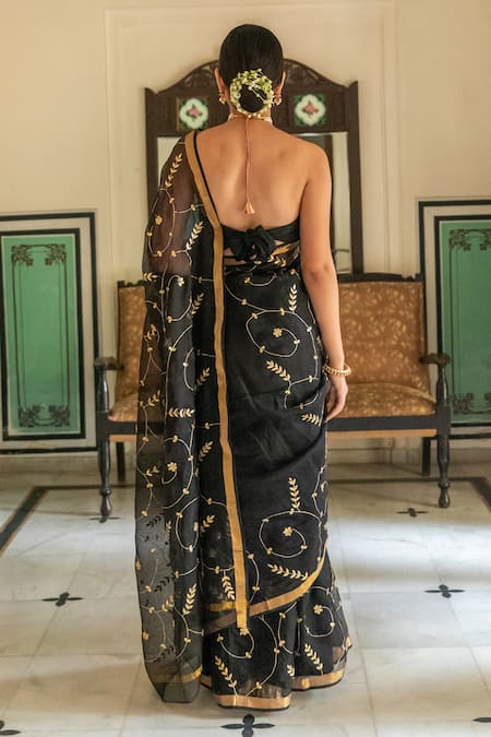 Geroo Jaipur Black Kota Doria Patti Work Saree With Unstitched Blouse Fabric Online at Aza Fashions Geroo Jaipur_Black Kota Doria Patti Work Saree With Unstitched Blouse Fabric _Online_at_Aza_Fashions