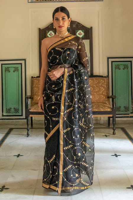 Buy Geroo Jaipur Black Kota Doria Patti Work Saree With Unstitched Blouse Fabric Online at Aza Fashions Buy_Geroo Jaipur_Black Kota Doria Patti Work Saree With Unstitched Blouse Fabric _Online_at_Aza_Fashions