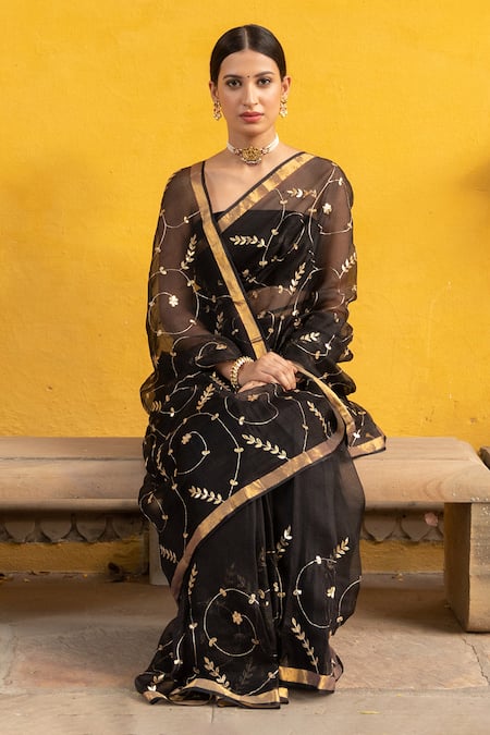 Shop Geroo Jaipur Black Kota Doria Patti Work Saree With Unstitched Blouse Fabric Online at Aza Fashions Shop_Geroo Jaipur_Black Kota Doria Patti Work Saree With Unstitched Blouse Fabric _Online_at_Aza_Fashions