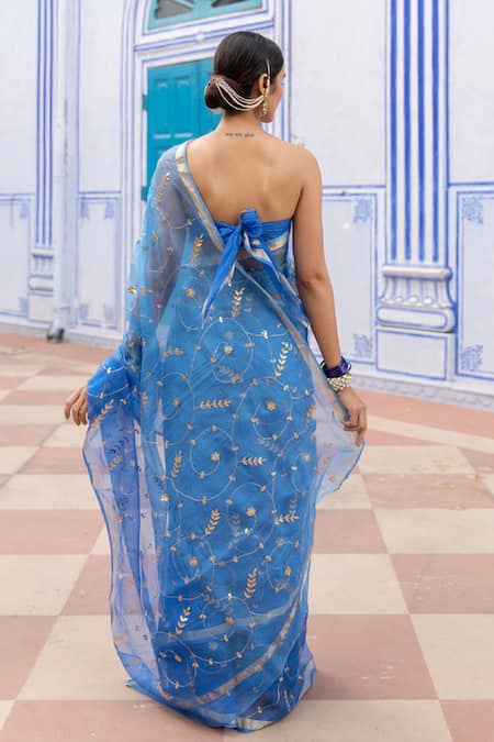 Geroo Jaipur_Blue Kota Doria Patti Work Saree With Unstitched Blouse Fabric _Online_at_Aza_Fashions