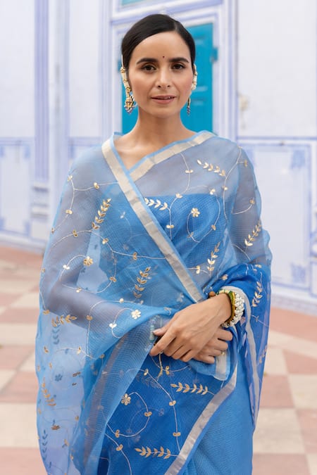 Buy_Geroo Jaipur_Blue Kota Doria Patti Work Saree With Unstitched Blouse Fabric _Online_at_Aza_Fashions
