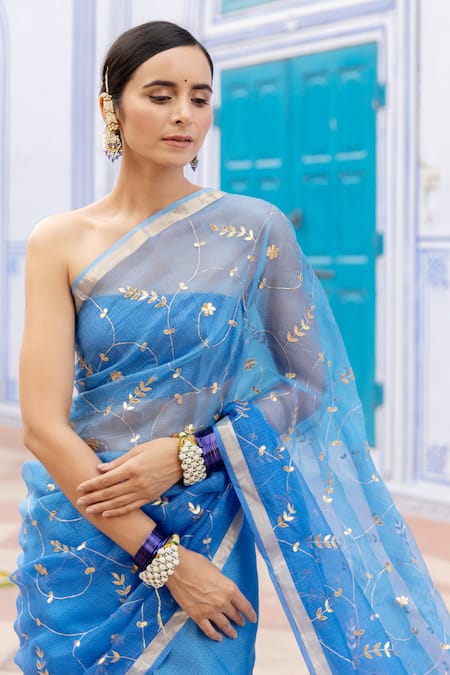 Shop_Geroo Jaipur_Blue Kota Doria Patti Work Saree With Unstitched Blouse Fabric _Online_at_Aza_Fashions
