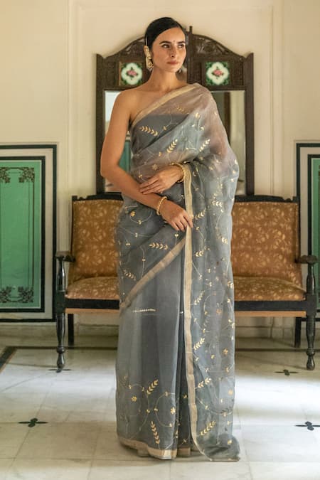 Geroo Jaipur Grey Kota Doria Patti Floral Work Saree With Unstitched Blouse Fabric Online at Aza Fashions Geroo Jaipur_Grey Kota Doria Patti Floral Work Saree With Unstitched Blouse Fabric _Online_at_Aza_Fashions