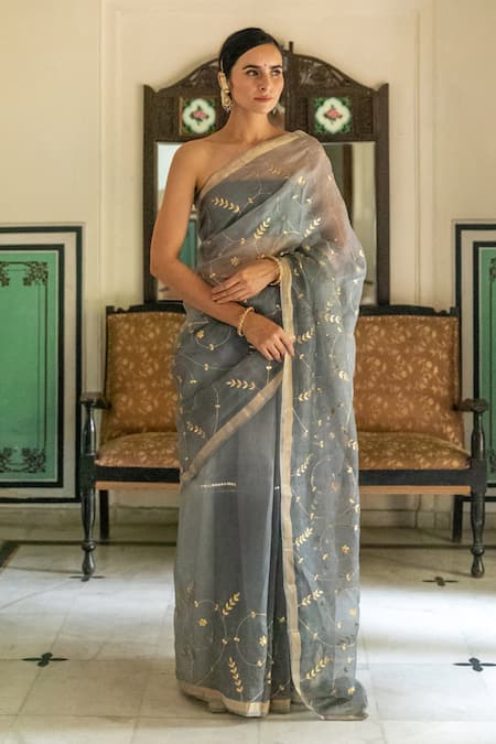 Buy Geroo Jaipur Grey Kota Doria Patti Floral Work Saree With Unstitched Blouse Fabric Online at Aza Fashions Buy_Geroo Jaipur_Grey Kota Doria Patti Floral Work Saree With Unstitched Blouse Fabric _Online_at_Aza_Fashions