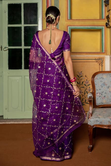 Geroo Jaipur_Purple Kota Doria Patti Work Saree With Unstitched Blouse Fabric _Online_at_Aza_Fashions