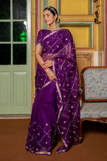 Buy_Geroo Jaipur_Purple Kota Doria Patti Work Saree With Unstitched Blouse Fabric _Online_at_Aza_Fashions