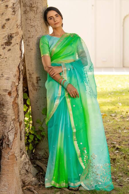 Geroo Jaipur_Green Kota Doria Mirrors, Patti, Ombre Saree With Unstitched Blouse Fabric _Online_at_Aza_Fashions