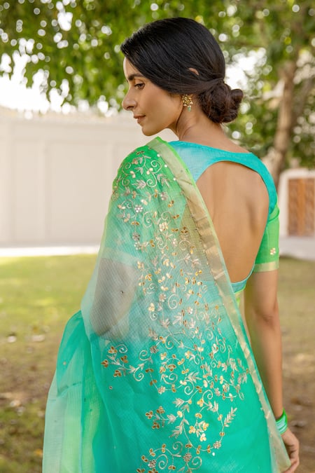 Buy_Geroo Jaipur_Green Kota Doria Mirrors, Patti, Ombre Saree With Unstitched Blouse Fabric _Online_at_Aza_Fashions