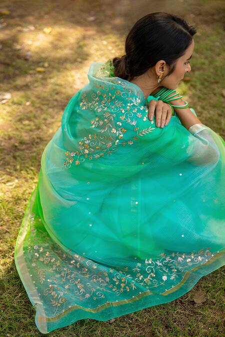 Shop_Geroo Jaipur_Green Kota Doria Mirrors, Patti, Ombre Saree With Unstitched Blouse Fabric _Online_at_Aza_Fashions