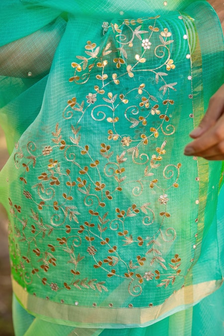 Geroo Jaipur_Green Kota Doria Mirrors, Patti, Ombre Saree With Unstitched Blouse Fabric _at_Aza_Fashions