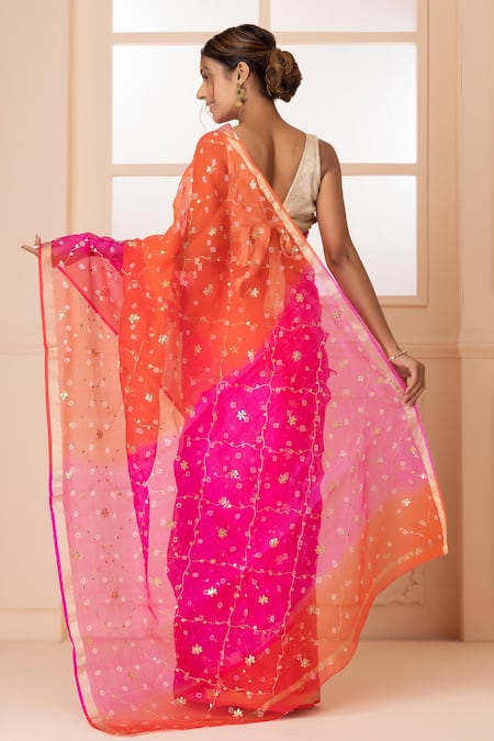 Shop Geroo Jaipur Red Kota Doria Patti Round Neck Work Saree With Unstitched Blouse Fabric at Aza Fashions Shop_Geroo Jaipur_Red Kota Doria Patti Round Neck Work Saree With Unstitched Blouse Fabric _at_Aza_Fashions