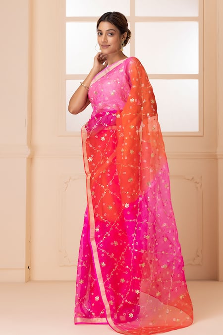 Geroo Jaipur Red Kota Doria Patti Round Neck Work Saree With Unstitched Blouse Fabric Online at Aza Fashions Geroo Jaipur_Red Kota Doria Patti Round Neck Work Saree With Unstitched Blouse Fabric _Online_at_Aza_Fashions