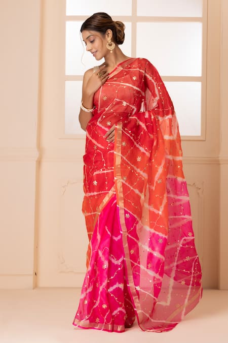 Geroo Jaipur_Multi Color Kota Doria, Silk Floral Work Saree With Unstitched Blouse Fabric _Online_at_Aza_Fashions