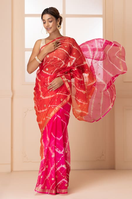 Buy_Geroo Jaipur_Multi Color Kota Doria, Silk Floral Work Saree With Unstitched Blouse Fabric _Online_at_Aza_Fashions