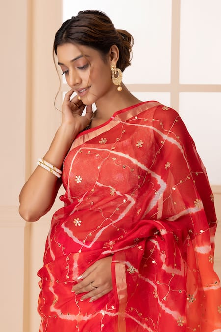 Shop_Geroo Jaipur_Multi Color Kota Doria, Silk Floral Work Saree With Unstitched Blouse Fabric _Online_at_Aza_Fashions