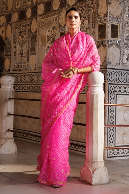 Geroo Jaipur_Pink Kota Doria Embroidery Leheriya Saree With Unstitched Blouse Fabric _Online_at_Aza_Fashions