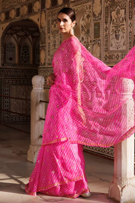 Shop_Geroo Jaipur_Pink Kota Doria Embroidery Leheriya Saree With Unstitched Blouse Fabric _Online_at_Aza_Fashions