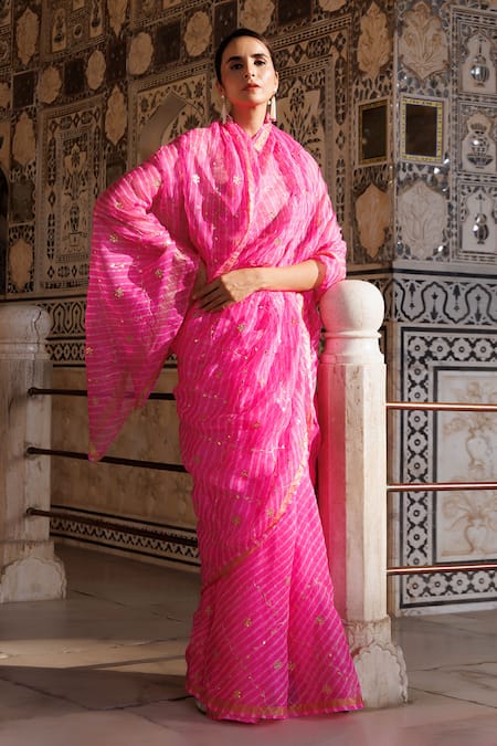 Buy_Geroo Jaipur_Pink Kota Doria Embroidery Leheriya Saree With Unstitched Blouse Fabric 